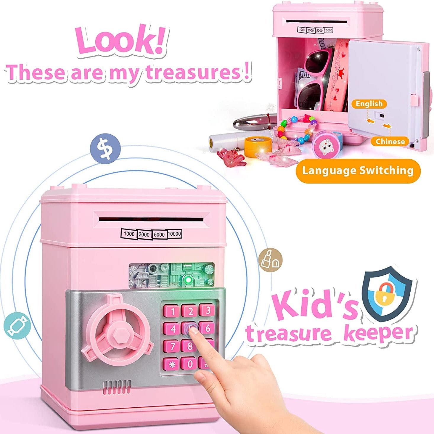 Teach kids about saving with this fun electronic piggy bank—acts like an ATM, storing cash and coins securely while making saving money exciting!