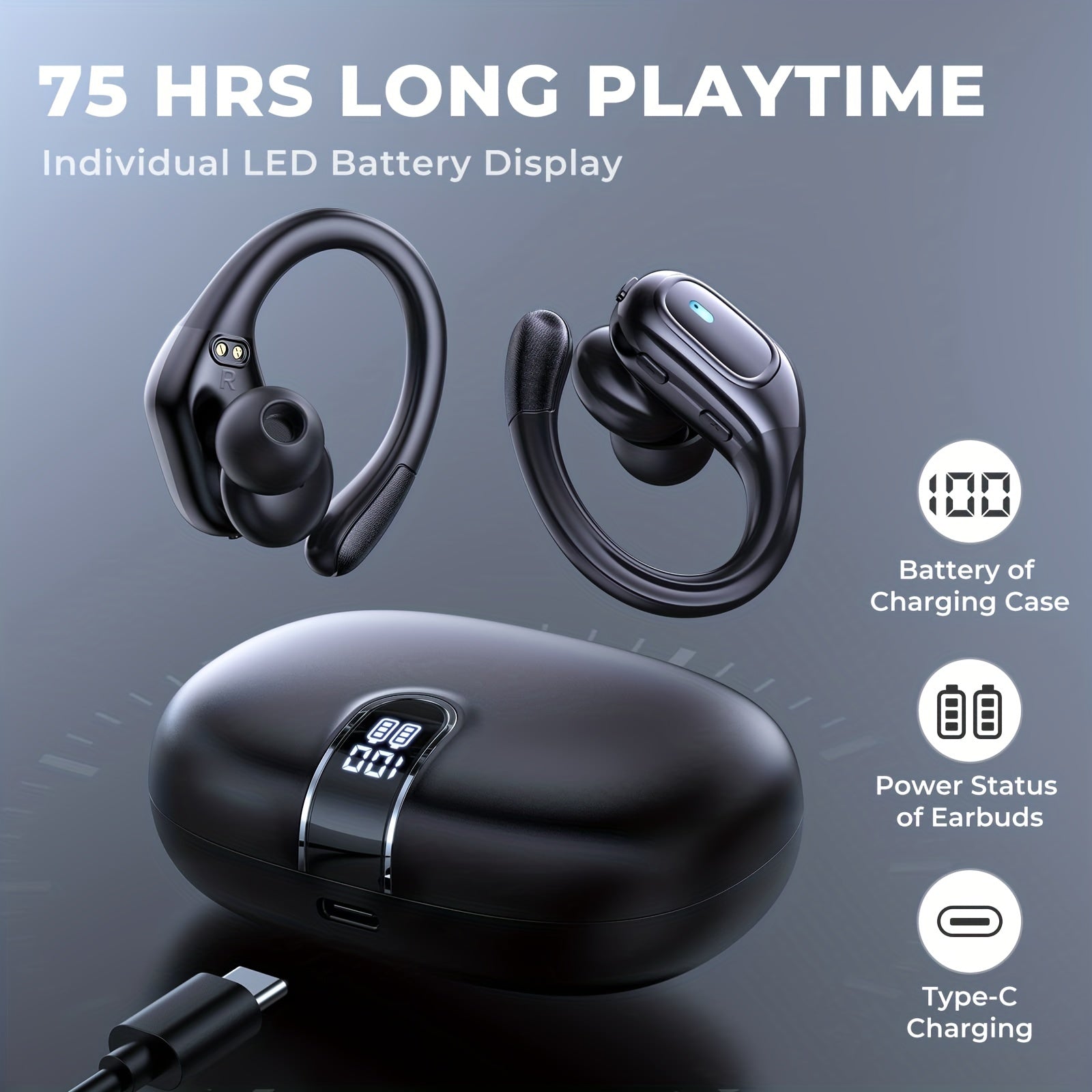 LIFEBEE New Wireless Earphones, Wireless Earbuds for Running Sports, Stereo Audio LED Display, ENC Noise Cancelling Headset Built-in Mic Over-Ear Headphones Earphones with Earhooks