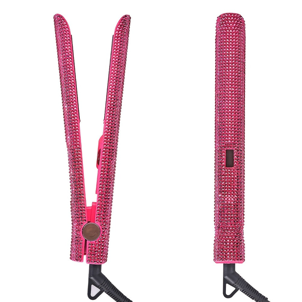 Style effortlessly with this professional 2-in-1 hair straightener and curler featuring nano plates, a 480°F max temperature, digital LCD display, and dual voltage (110-240V) for use on wet or dry hair—all in a stunning pink & black glitter design!