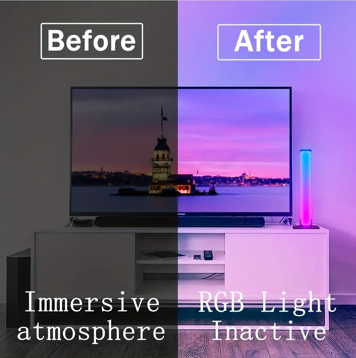 Create a vibrant ambiance with these 2pcs smart LED light bars. Featuring RGB night lights with a remote control and music sync capabilities, these lights are perfect for gaming, TV backlighting, bedroom decoration, and desktop lighting.