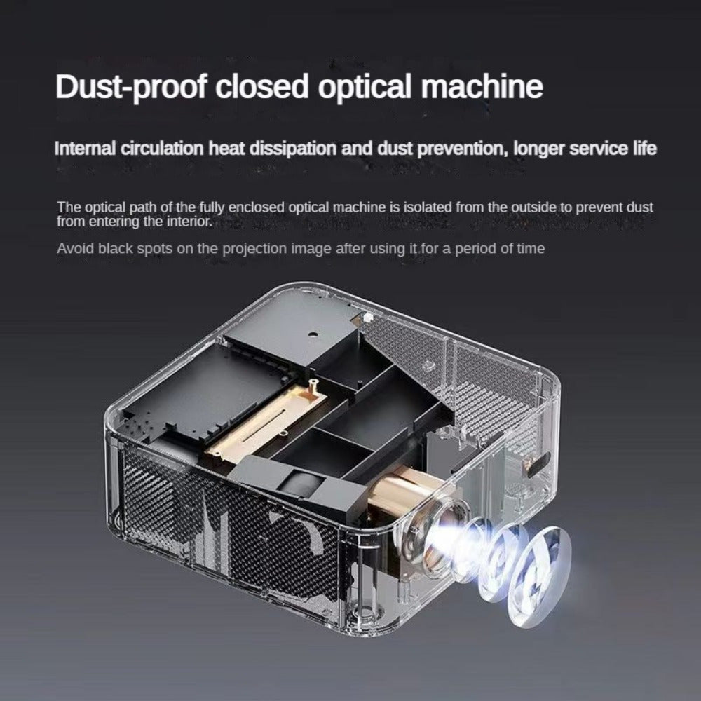 TV projector with 4K resolution, autofocus, and dual speakers. Ideal for laptops and phones