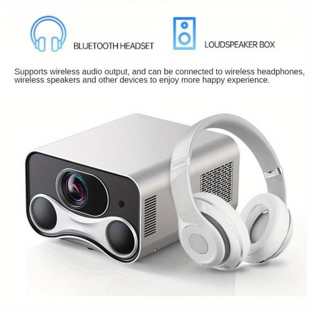 TV projector with 4K resolution, autofocus, and dual speakers. Ideal for laptops and phones