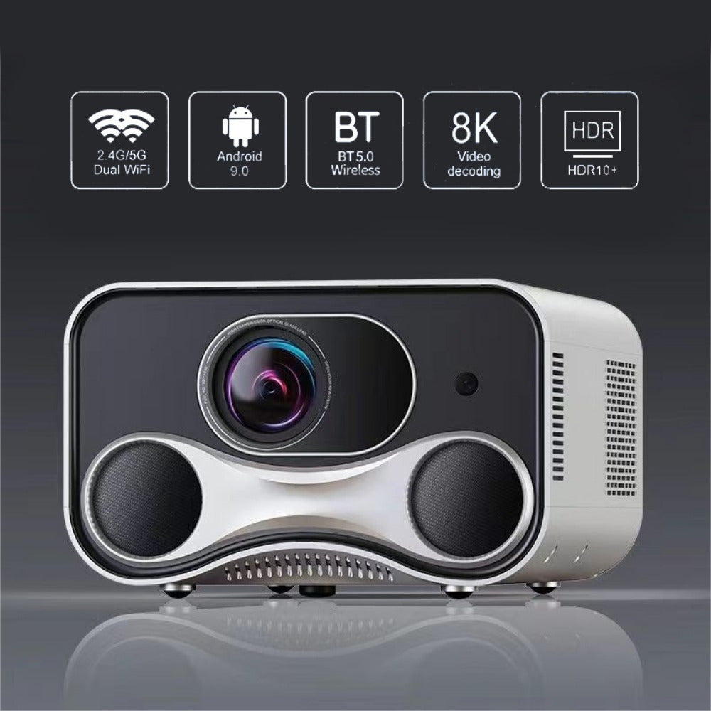 TV projector with 4K resolution, autofocus, and dual speakers. Ideal for laptops and phones