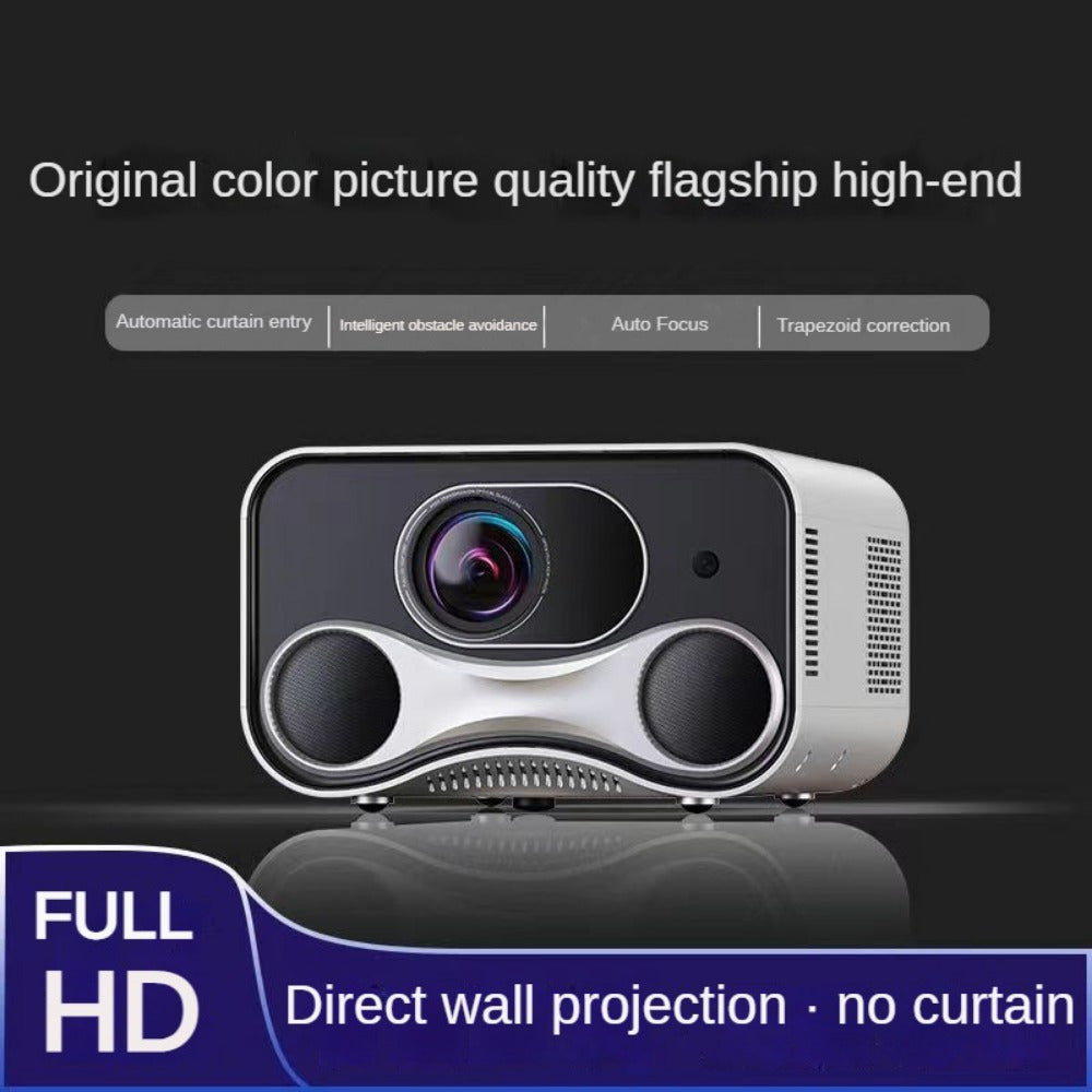 TV projector with 4K resolution, autofocus, and dual speakers. Ideal for laptops and phones