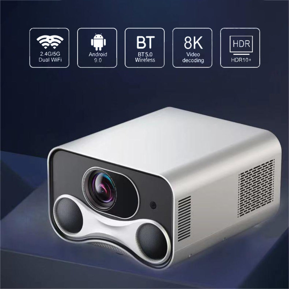 TV projector with 4K resolution, autofocus, and dual speakers. Ideal for laptops and phones