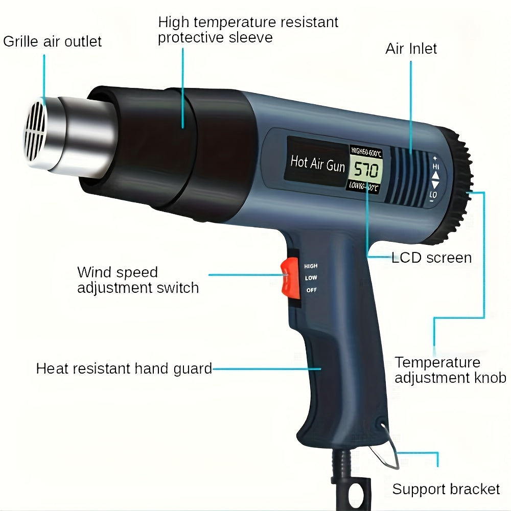 2500W Heat Gun 352°F-1202°F Variable Temperature Control Overload Protection, Hot Air Gun Variable Temperature Control Memory Function, Fast Heating Heavy Duty Hot Air Gun Kit for Car Wrap, Crafts, Shrinking Tubing, Strippi