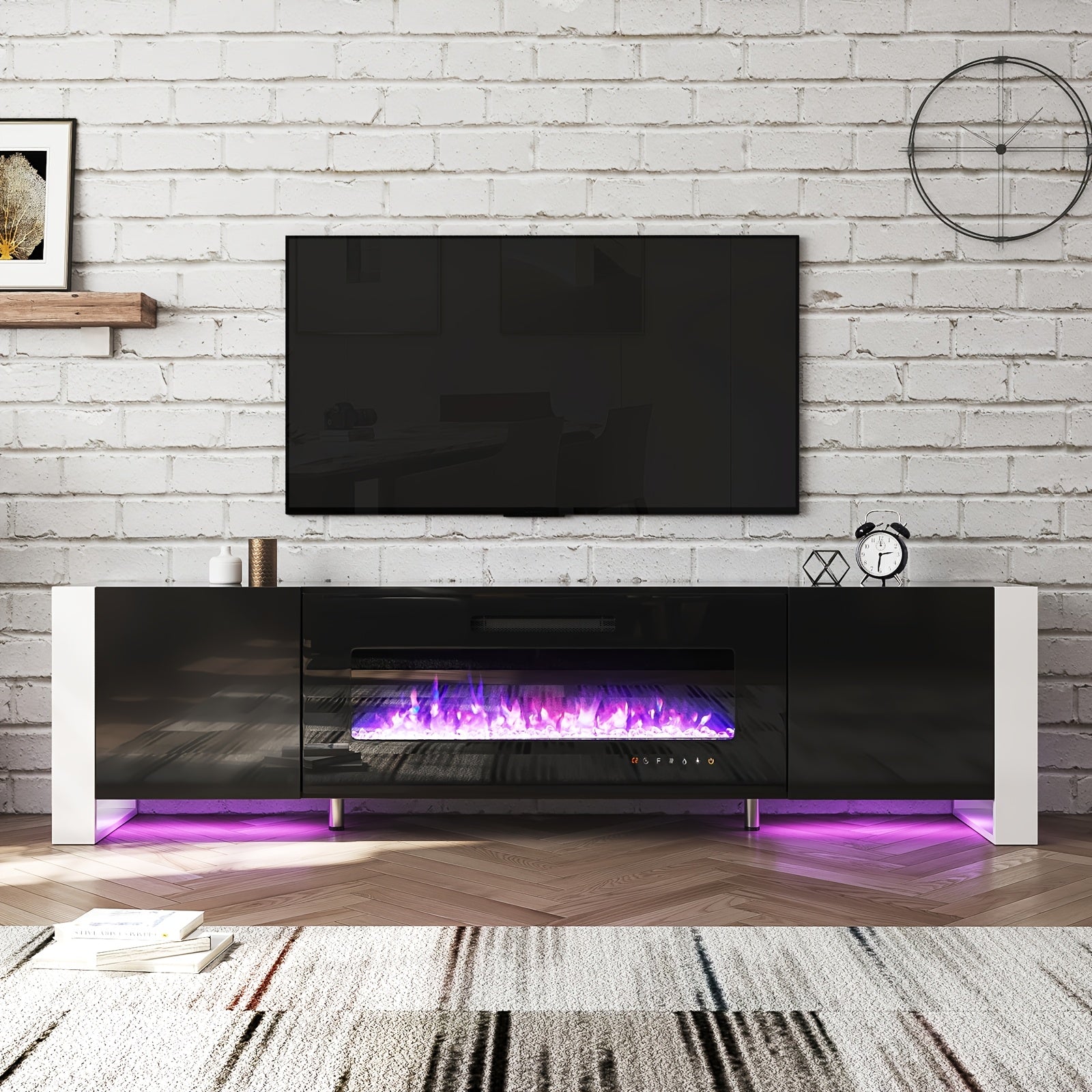 TV Stand with Electric Fireplace and LED Lights.