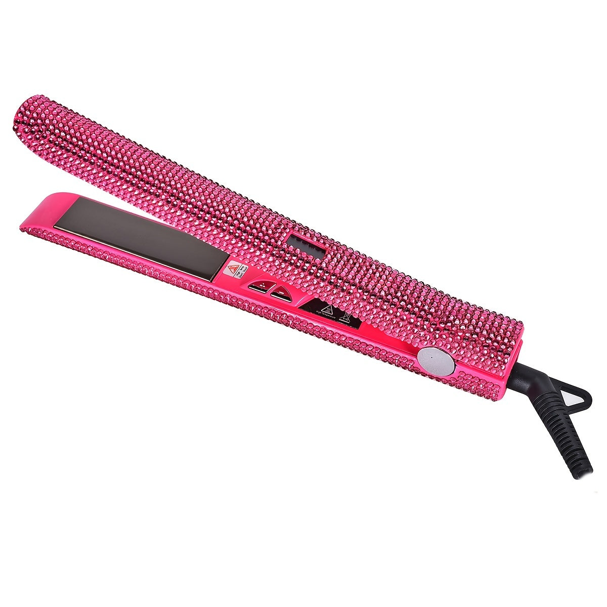 Style effortlessly with this professional 2-in-1 hair straightener and curler featuring nano plates, a 480°F max temperature, digital LCD display, and dual voltage (110-240V) for use on wet or dry hair—all in a stunning pink & black glitter design!