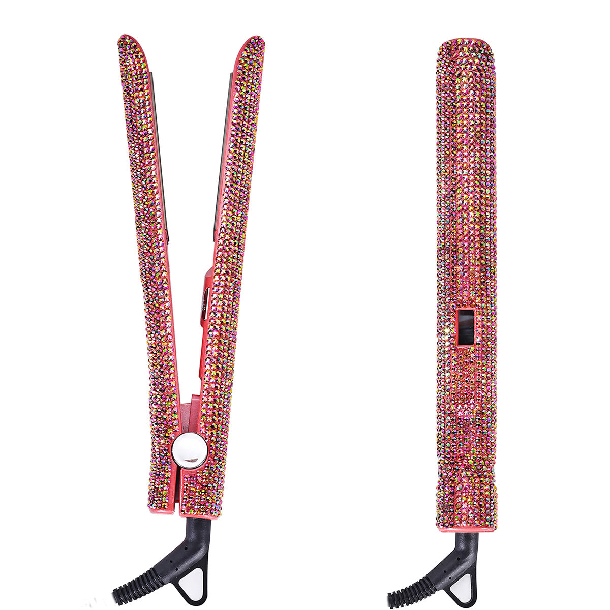 Style effortlessly with this professional 2-in-1 hair straightener and curler featuring nano plates, a 480°F max temperature, digital LCD display, and dual voltage (110-240V) for use on wet or dry hair—all in a stunning pink & black glitter design!
