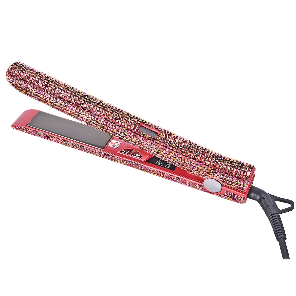 Style effortlessly with this professional 2-in-1 hair straightener and curler featuring nano plates, a 480°F max temperature, digital LCD display, and dual voltage (110-240V) for use on wet or dry hair—all in a stunning pink & black glitter design!