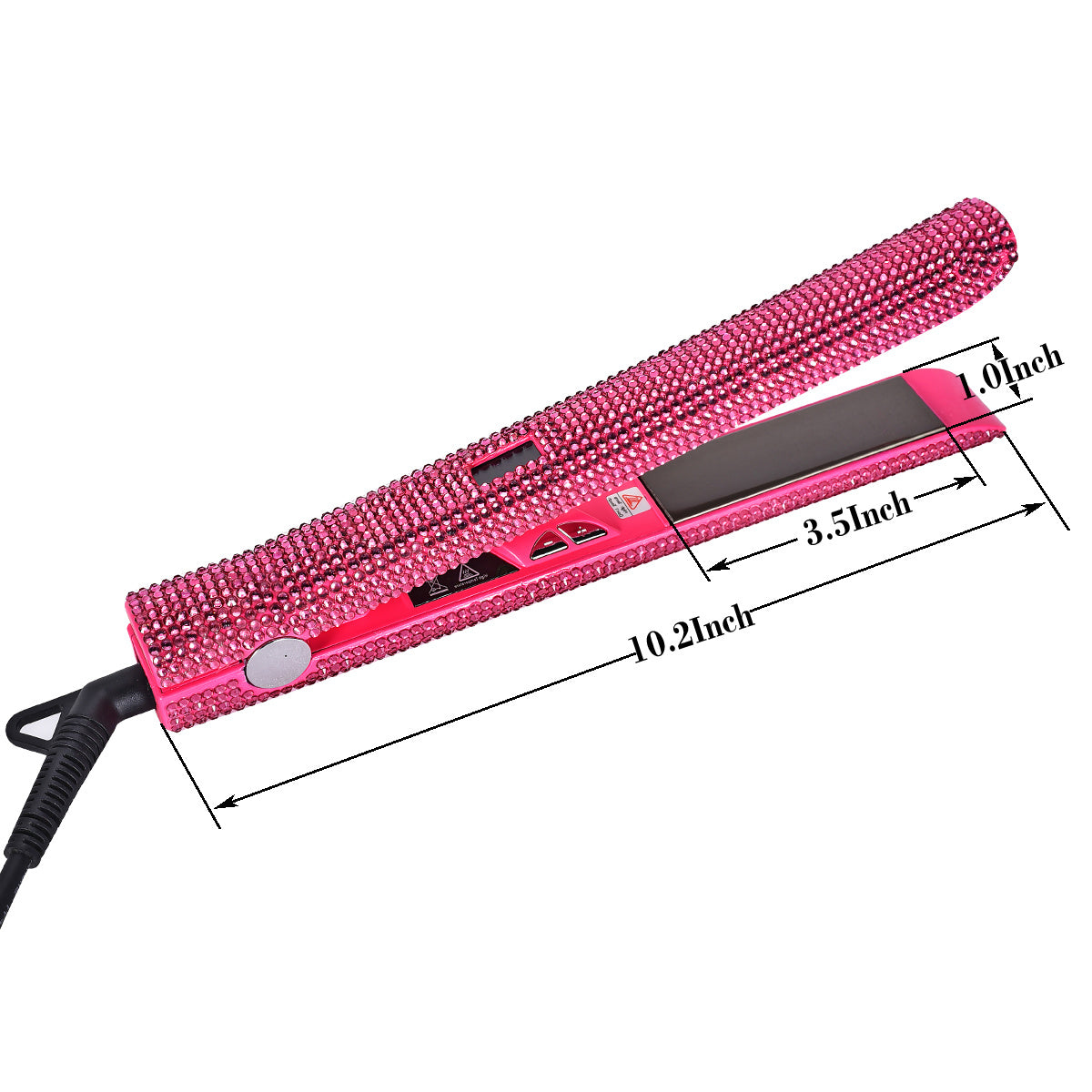 Style effortlessly with this professional 2-in-1 hair straightener and curler featuring nano plates, a 480°F max temperature, digital LCD display, and dual voltage (110-240V) for use on wet or dry hair—all in a stunning pink & black glitter design!