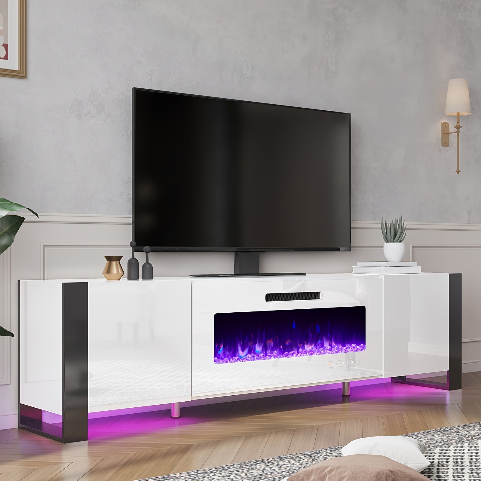 TV Stand with Electric Fireplace and LED Lights.
