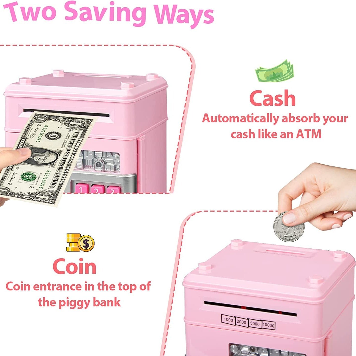 Teach kids about saving with this fun electronic piggy bank—acts like an ATM, storing cash and coins securely while making saving money exciting!