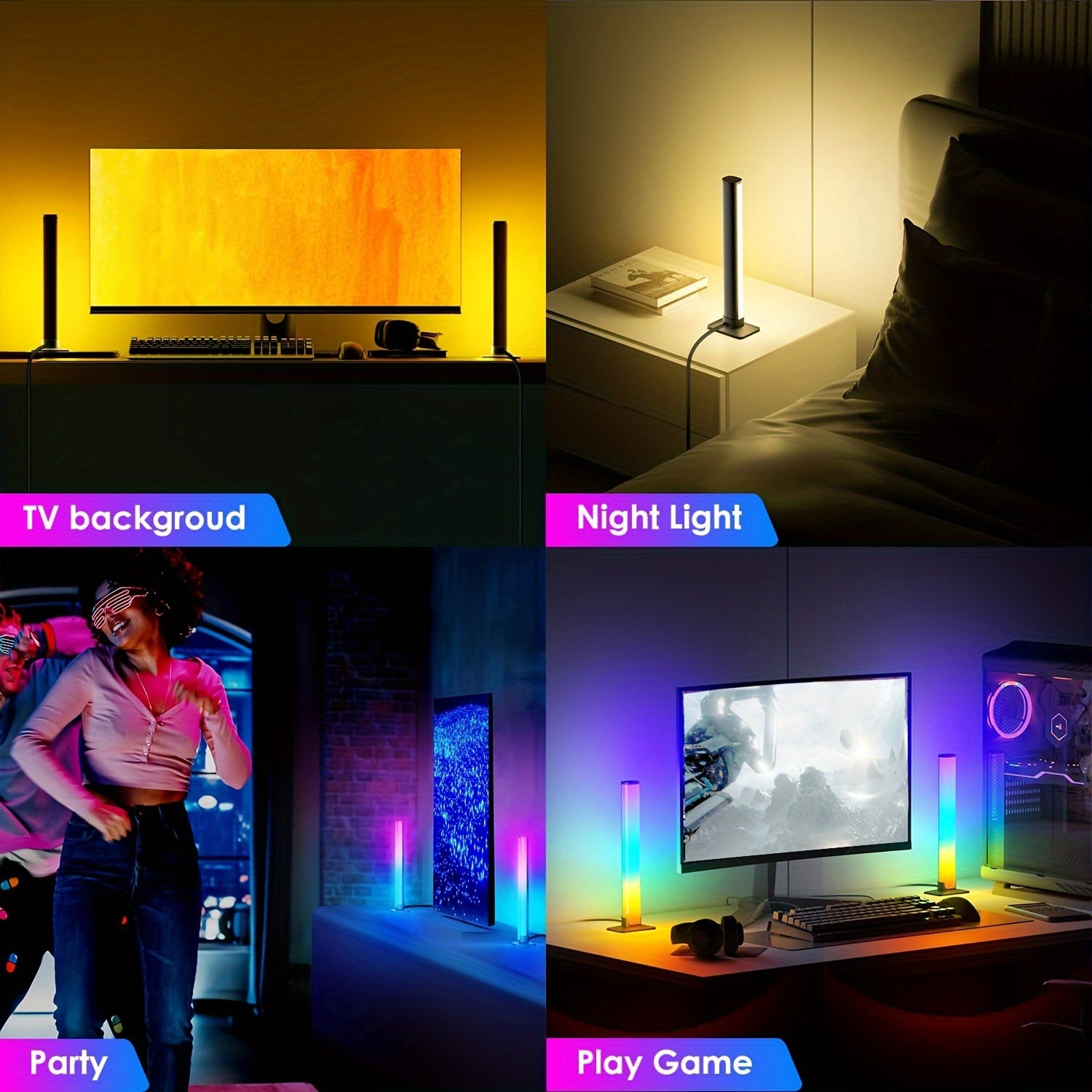 Create a vibrant ambiance with these 2pcs smart LED light bars. Featuring RGB night lights with a remote control and music sync capabilities, these lights are perfect for gaming, TV backlighting, bedroom decoration, and desktop lighting.