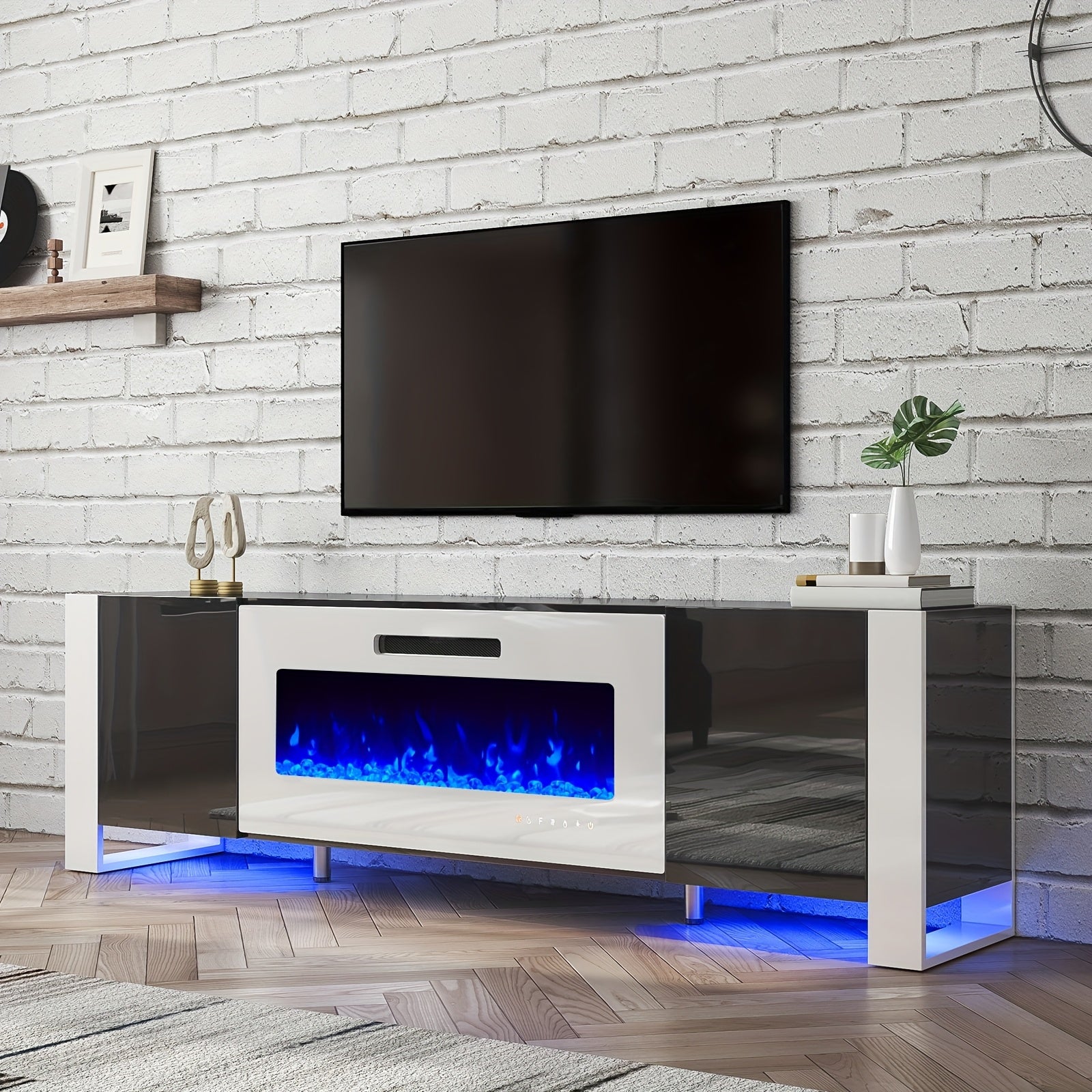 TV Stand with Electric Fireplace and LED Lights.