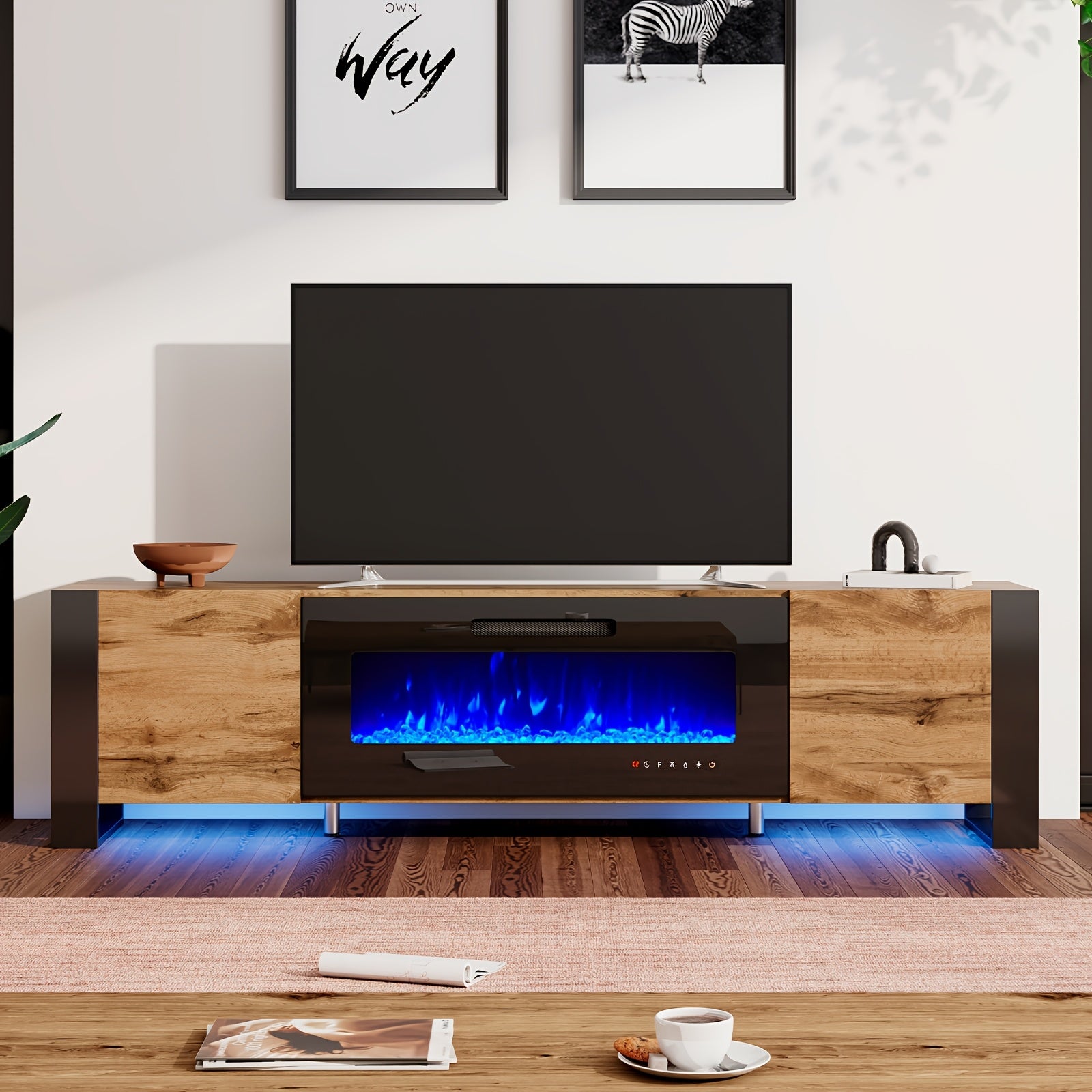 TV Stand with Electric Fireplace and LED Lights.