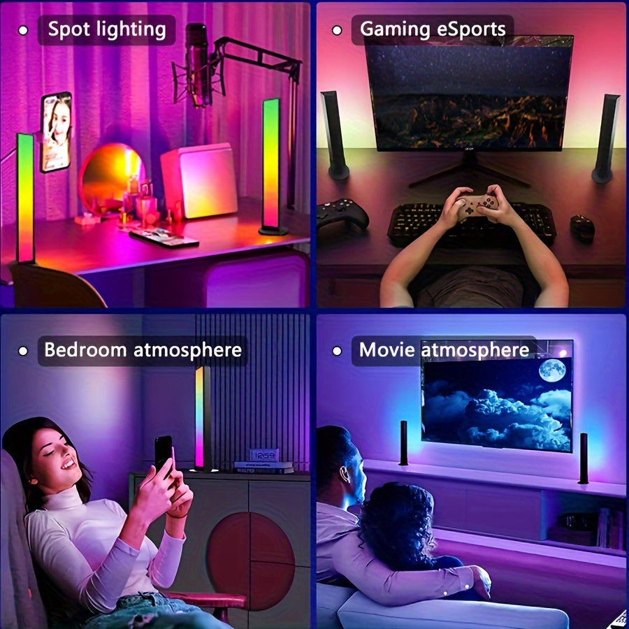 Create a vibrant ambiance with these 2pcs smart LED light bars. Featuring RGB night lights with a remote control and music sync capabilities, these lights are perfect for gaming, TV backlighting, bedroom decoration, and desktop lighting.