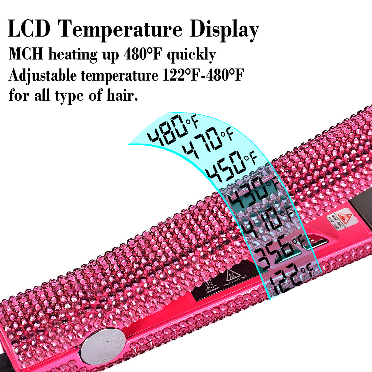 Style effortlessly with this professional 2-in-1 hair straightener and curler featuring nano plates, a 480°F max temperature, digital LCD display, and dual voltage (110-240V) for use on wet or dry hair—all in a stunning pink & black glitter design!
