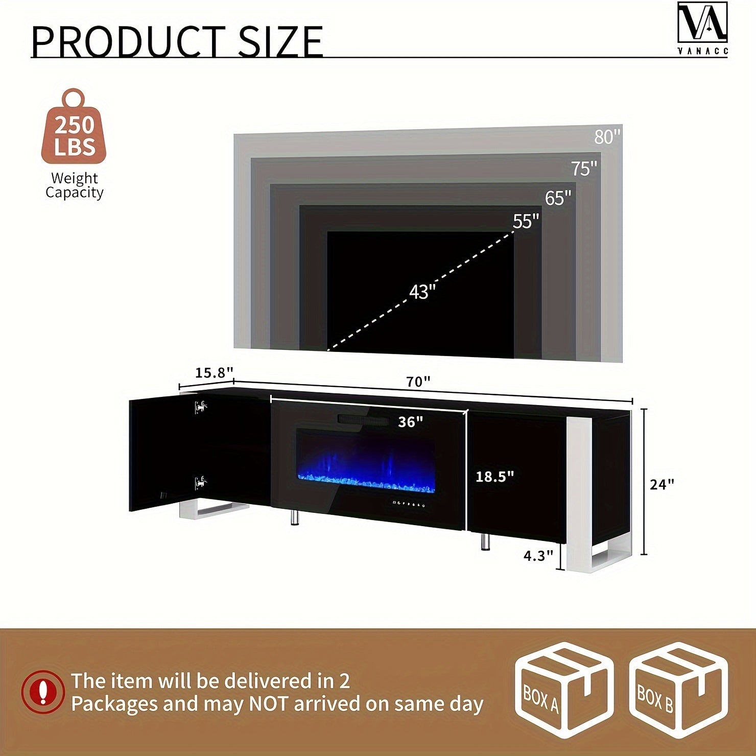 TV Stand with Electric Fireplace and LED Lights.