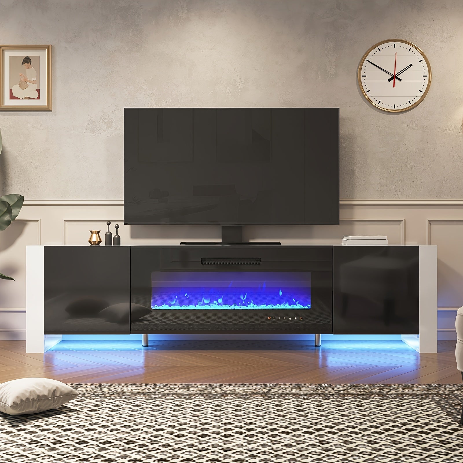 TV Stand with Electric Fireplace and LED Lights.