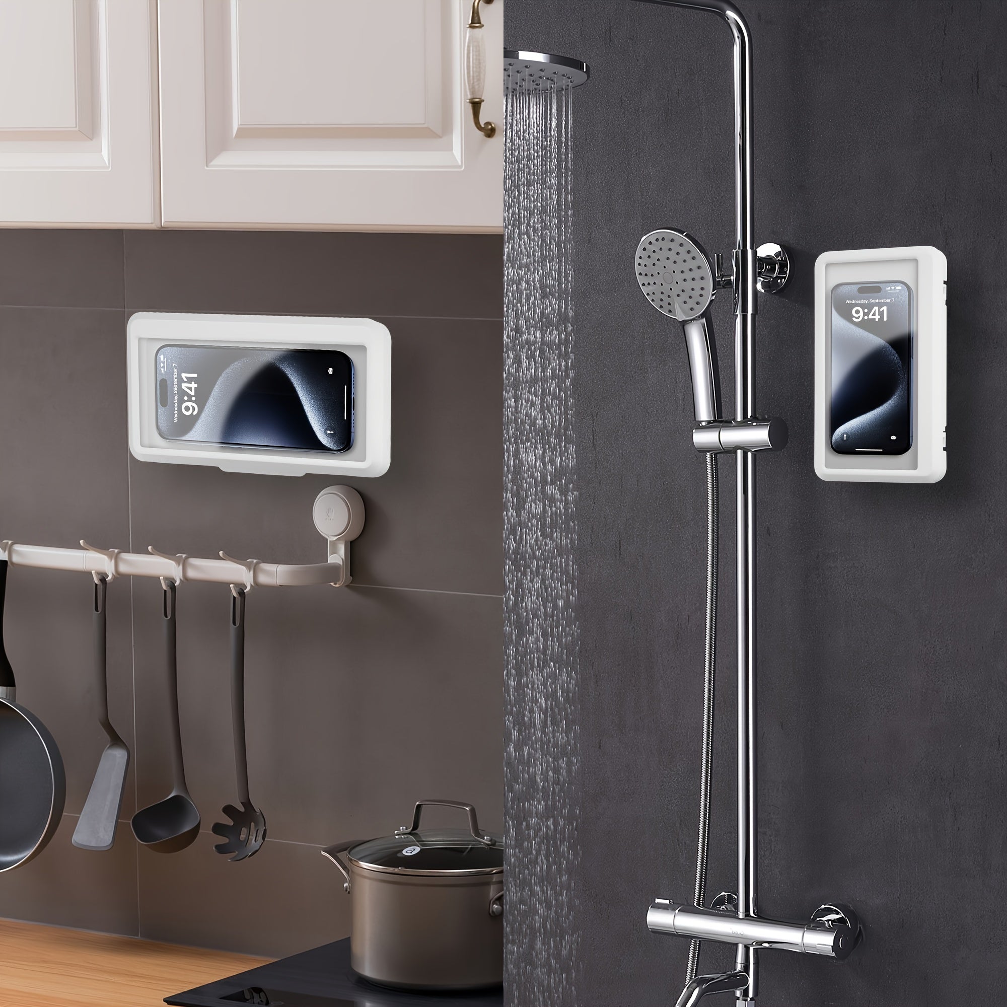 Keep your phone safe and handy with this 1pc shower phone holder—featuring 360° rotation, anti-fog high-sensitivity cover, and universal mount. Perfect for your bathroom, tub, kitchen, or wall!