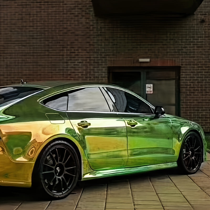 Premium PVC Car Wrap - Vibrant Green to Yellow Gradient with Rainbow Mirror Effect, Fit for All Models - High-Quality Color Changing Vinyl Film