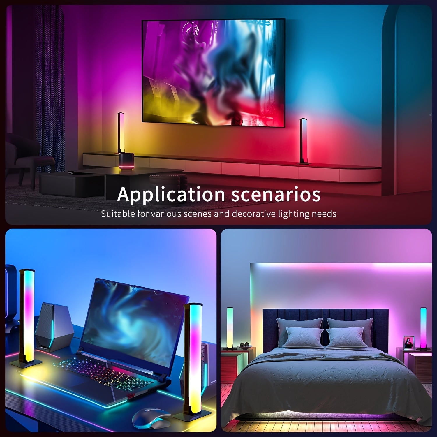 Create a vibrant ambiance with these 2pcs smart LED light bars. Featuring RGB night lights with a remote control and music sync capabilities, these lights are perfect for gaming, TV backlighting, bedroom decoration, and desktop lighting.