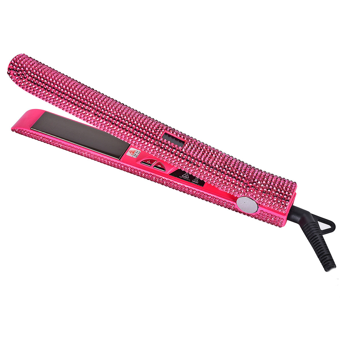 Style effortlessly with this professional 2-in-1 hair straightener and curler featuring nano plates, a 480°F max temperature, digital LCD display, and dual voltage (110-240V) for use on wet or dry hair—all in a stunning pink & black glitter design!