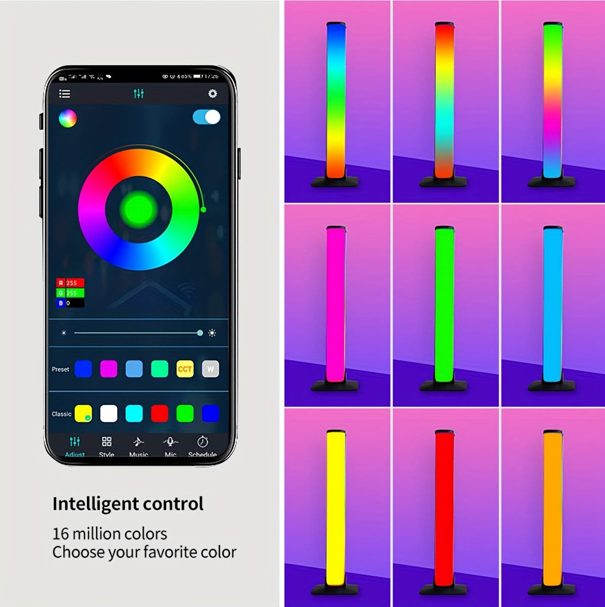 Create a vibrant ambiance with these 2pcs smart LED light bars. Featuring RGB night lights with a remote control and music sync capabilities, these lights are perfect for gaming, TV backlighting, bedroom decoration, and desktop lighting.