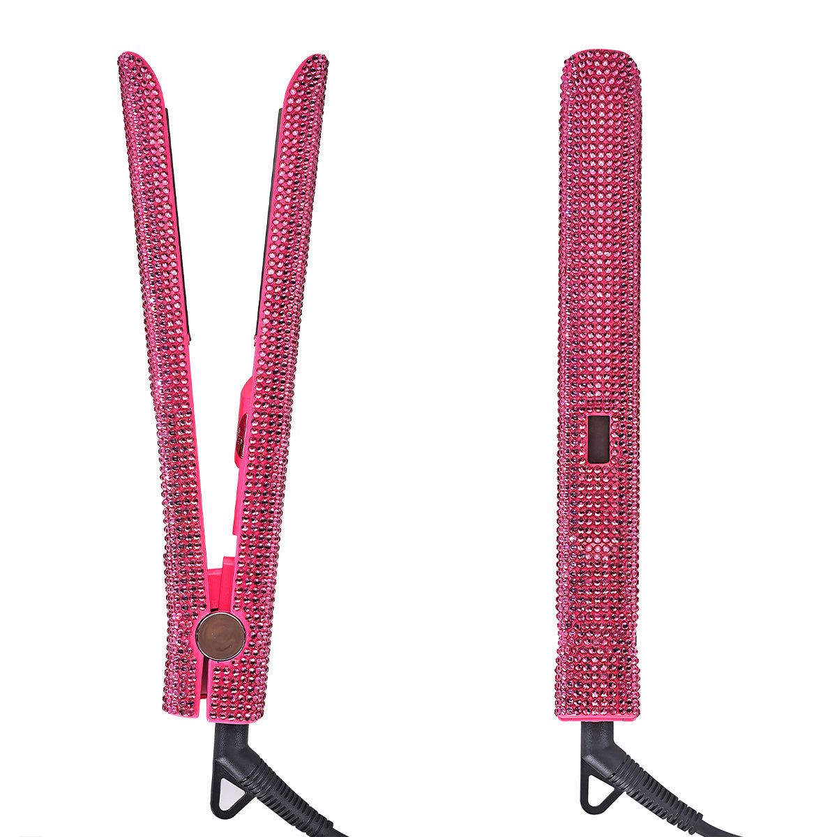Style effortlessly with this professional 2-in-1 hair straightener and curler featuring nano plates, a 480°F max temperature, digital LCD display, and dual voltage (110-240V) for use on wet or dry hair—all in a stunning pink & black glitter design!