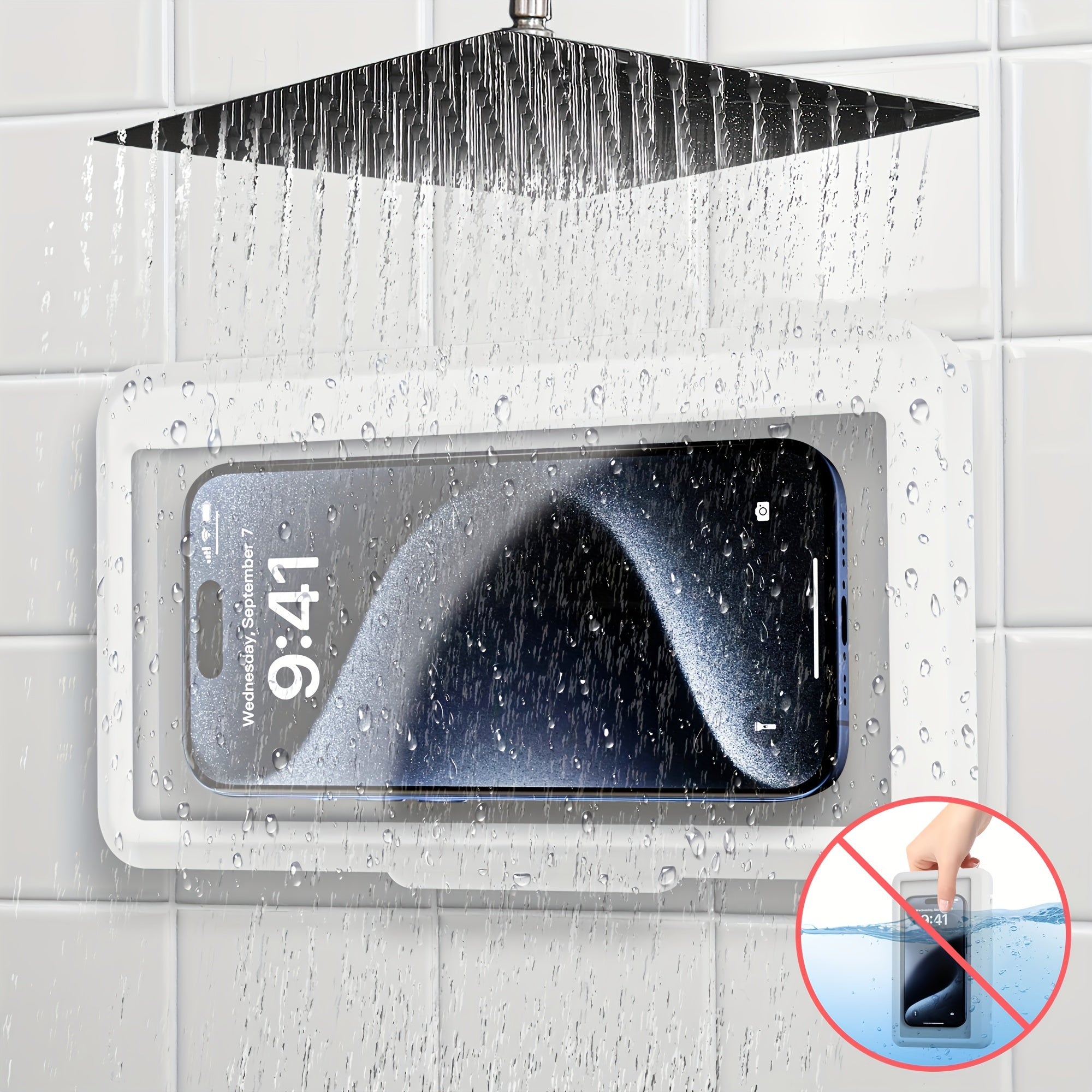 Keep your phone safe and handy with this 1pc shower phone holder—featuring 360° rotation, anti-fog high-sensitivity cover, and universal mount. Perfect for your bathroom, tub, kitchen, or wall!