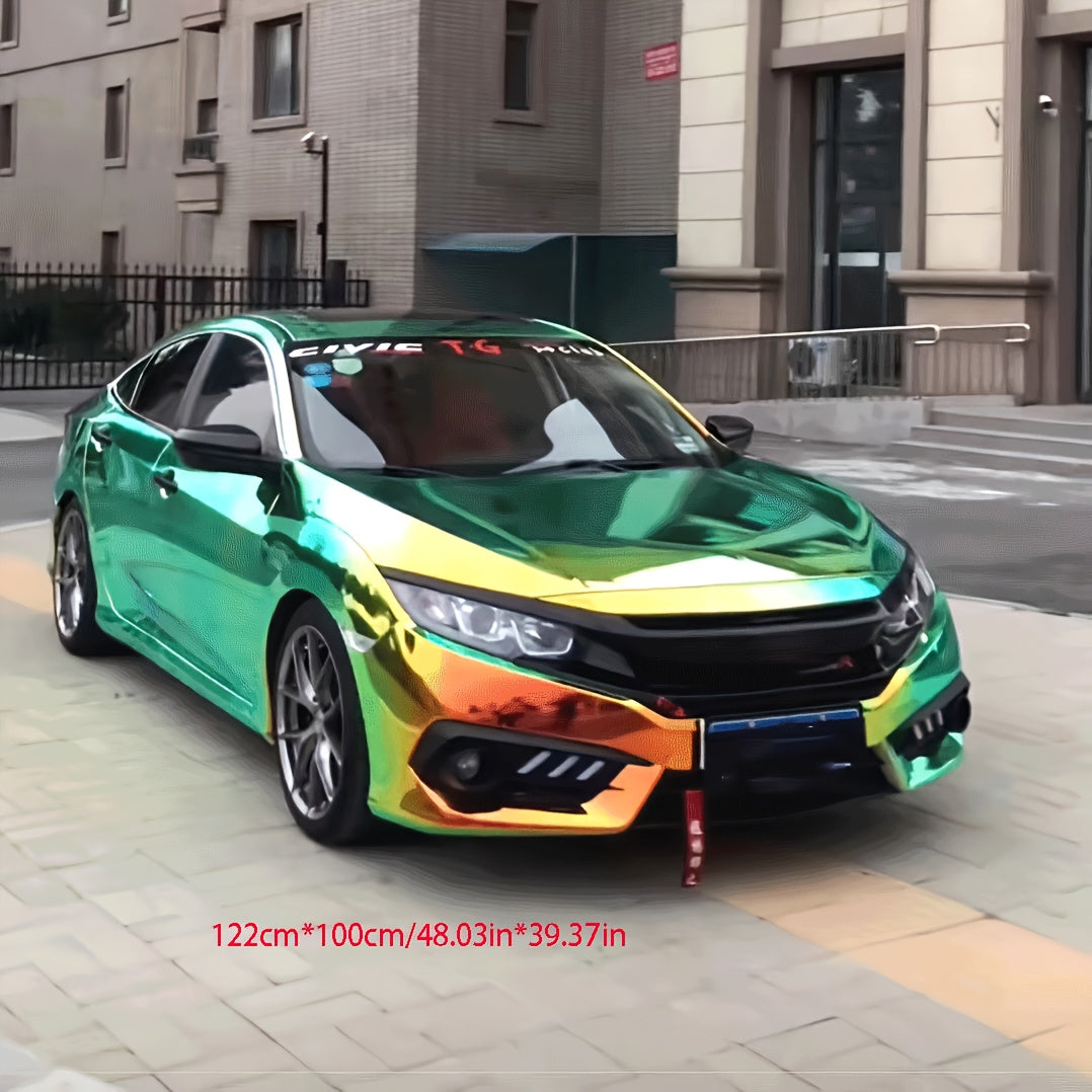 Premium PVC Car Wrap - Vibrant Green to Yellow Gradient with Rainbow Mirror Effect, Fit for All Models - High-Quality Color Changing Vinyl Film