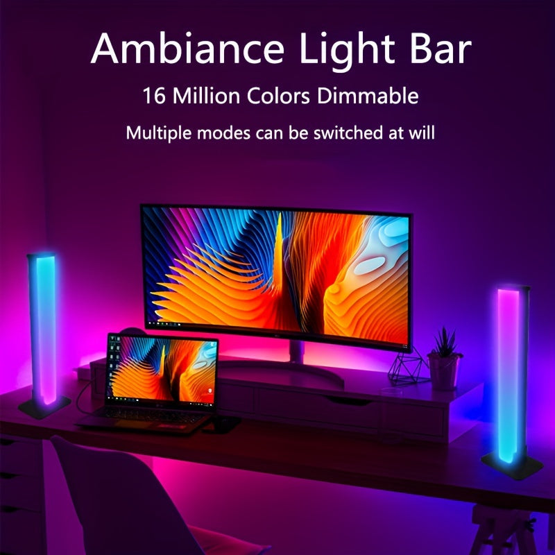 Create a vibrant ambiance with these 2pcs smart LED light bars. Featuring RGB night lights with a remote control and music sync capabilities, these lights are perfect for gaming, TV backlighting, bedroom decoration, and desktop lighting.
