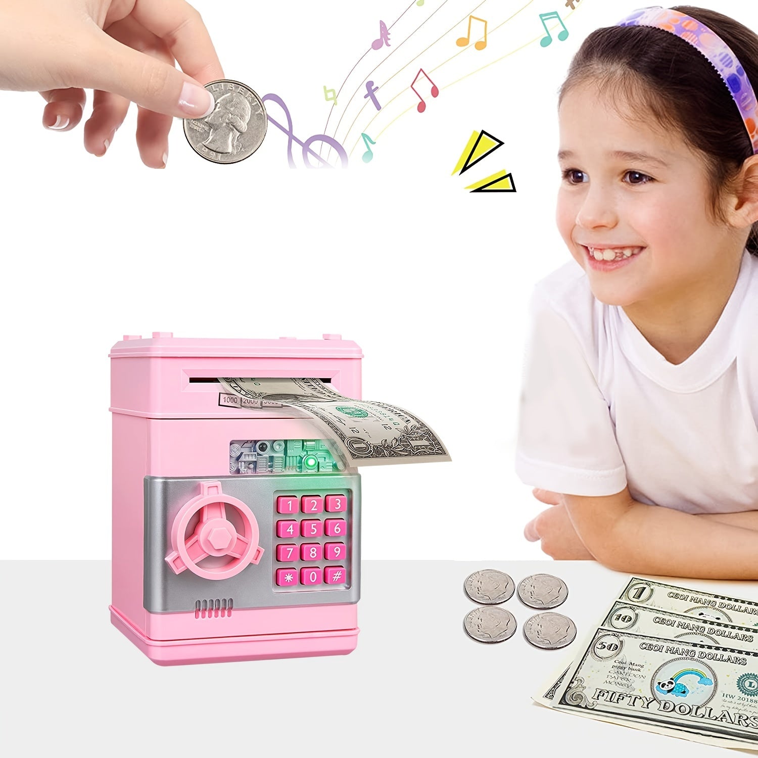 Teach kids about saving with this fun electronic piggy bank—acts like an ATM, storing cash and coins securely while making saving money exciting!