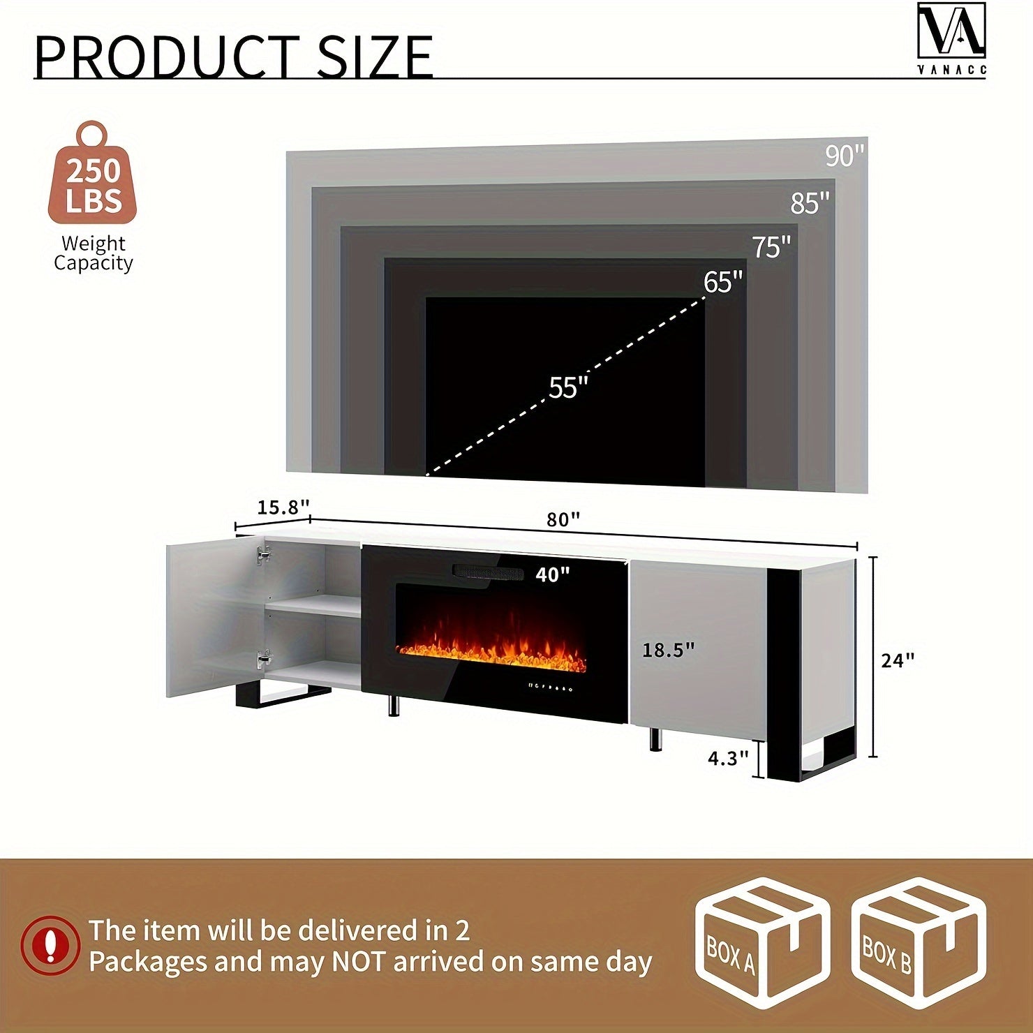 TV Stand with Electric Fireplace and LED Lights.