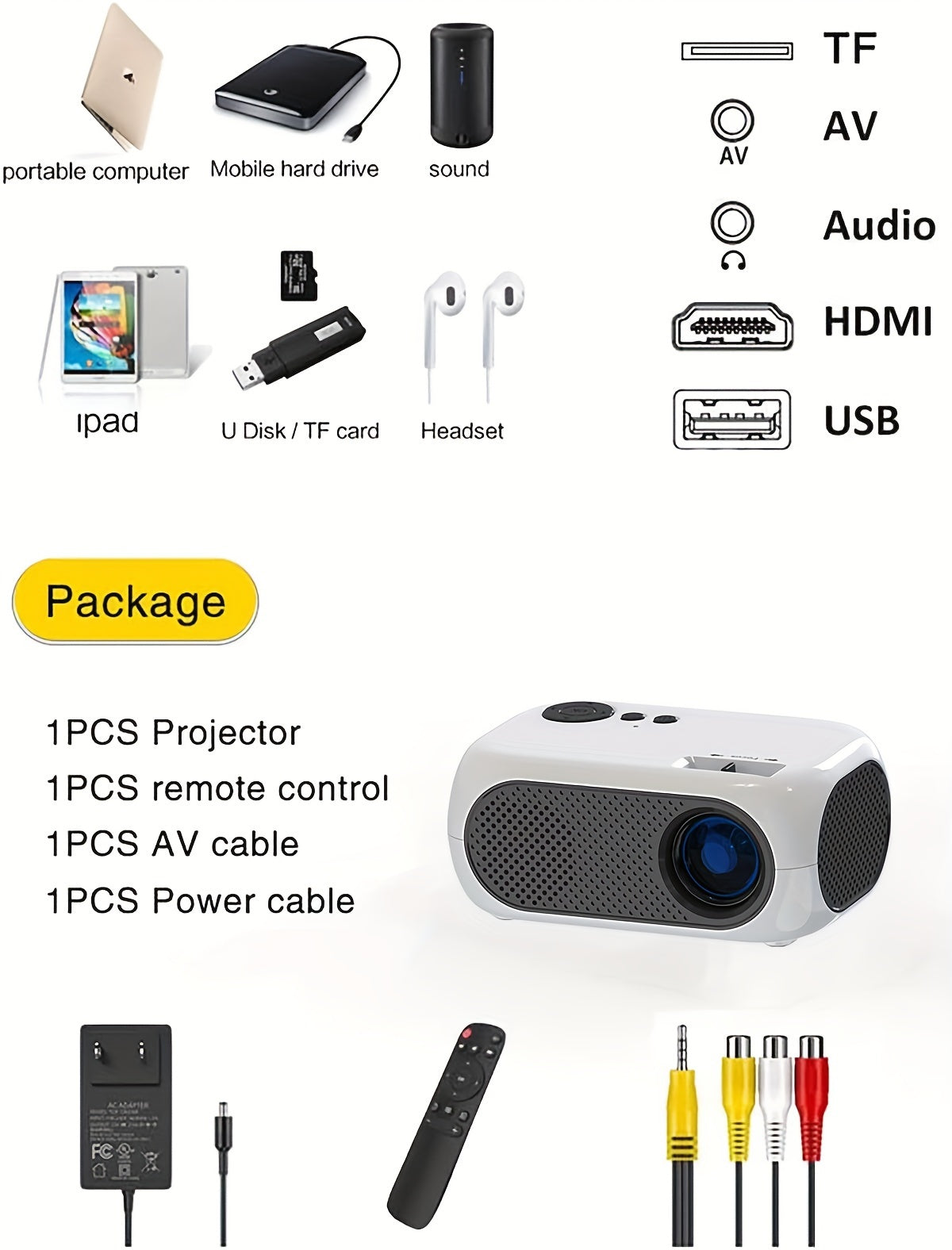 Portable HD Projector For Phone Compatible With IOS/Android/USB/ Laptop/PC/TV Stick/DVD/Game