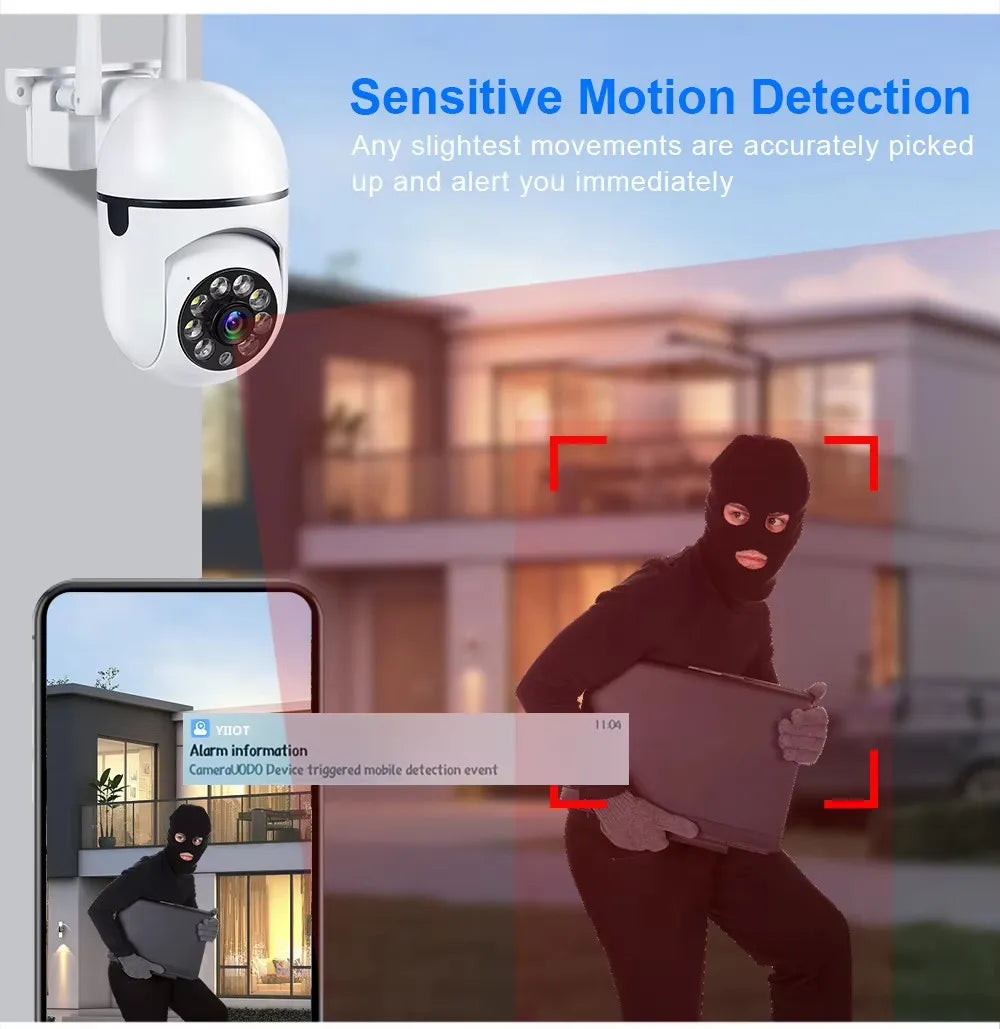 Secure your space with WiFi wireless security camera—featuring 4X zoom, auto-tracking, two-way audio, HD video, and color night vision for complete peace of mind!