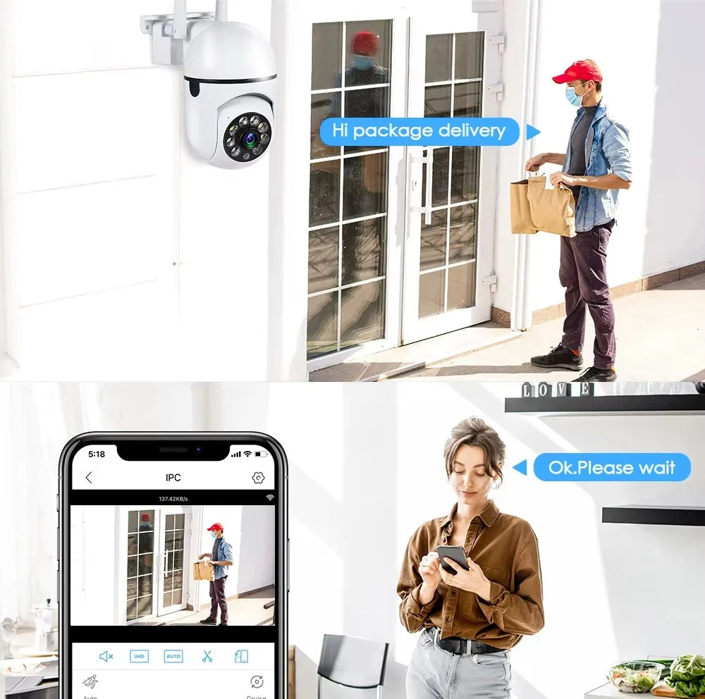Secure your space with WiFi wireless security camera—featuring 4X zoom, auto-tracking, two-way audio, HD video, and color night vision for complete peace of mind!