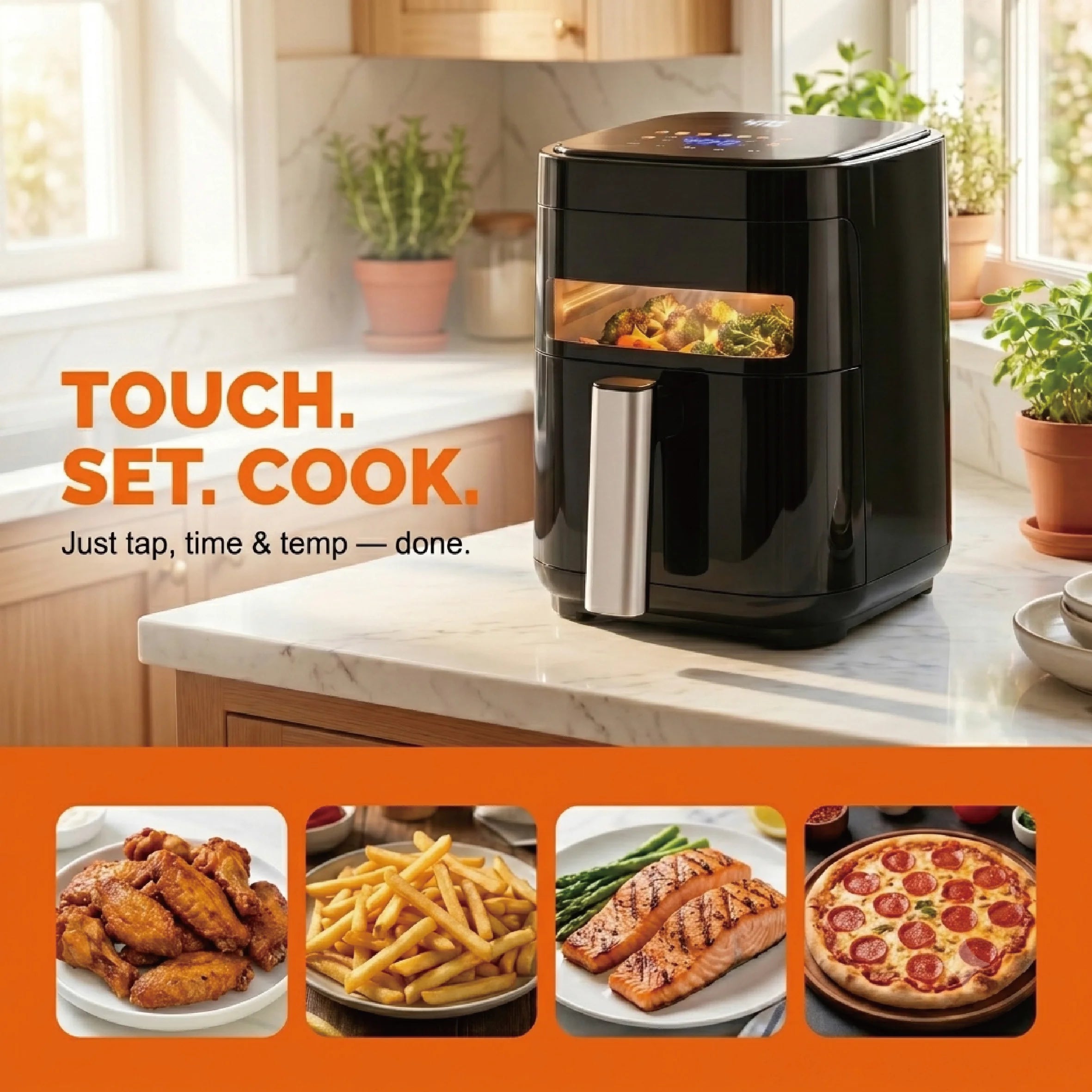 YMS 3.2QT Touchscreen Air Fryer with Visible Window, Black, 8-in-1 Preset Functions, Oil-Free Healthy Cooking, Fast & Easy to Clean, 1200W Compact Small Air Fryer for Singles, Perfect for Apartment Dorm Countertop Use, Air Fr