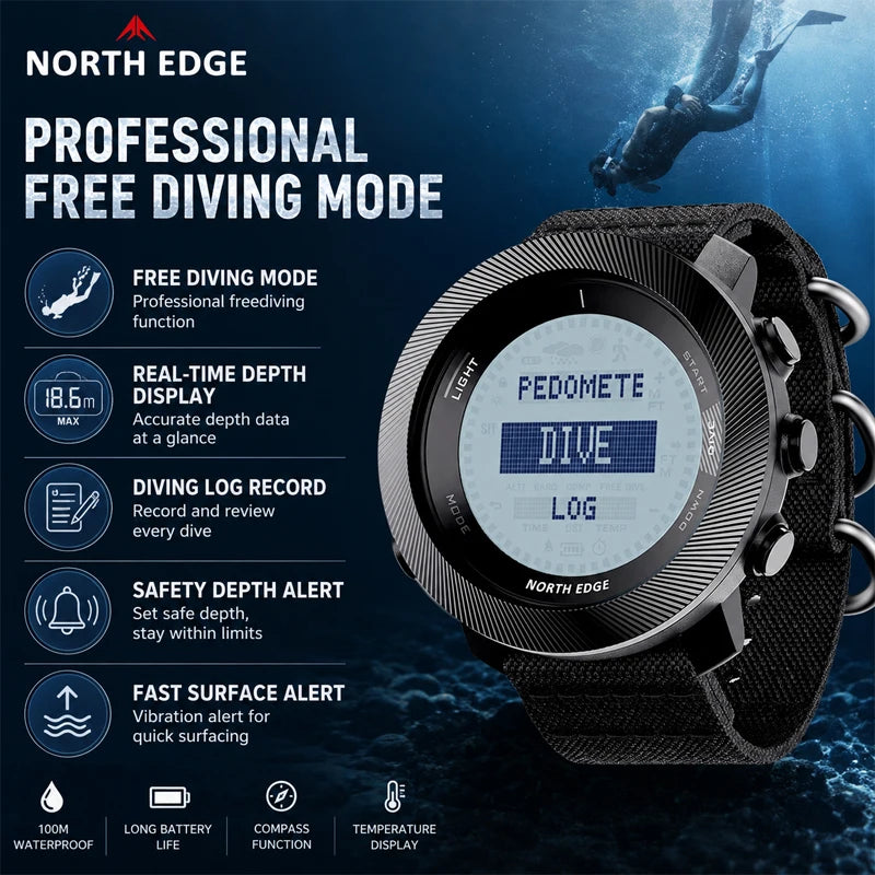 NORTH EDGE APACHE-D Dive Watch Men Free Diving Altimeter Barometer Compass Waterproof Rechargeable Outdoor Sports Digital Watch