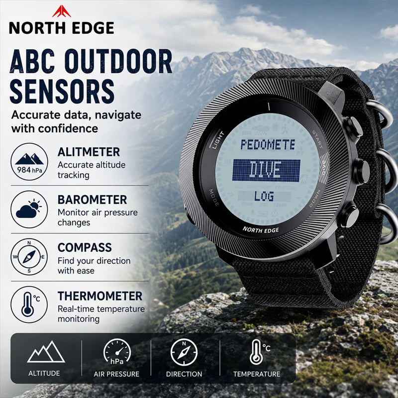 NORTH EDGE APACHE-D Dive Watch Men Free Diving Altimeter Barometer Compass Waterproof Rechargeable Outdoor Sports Digital Watch