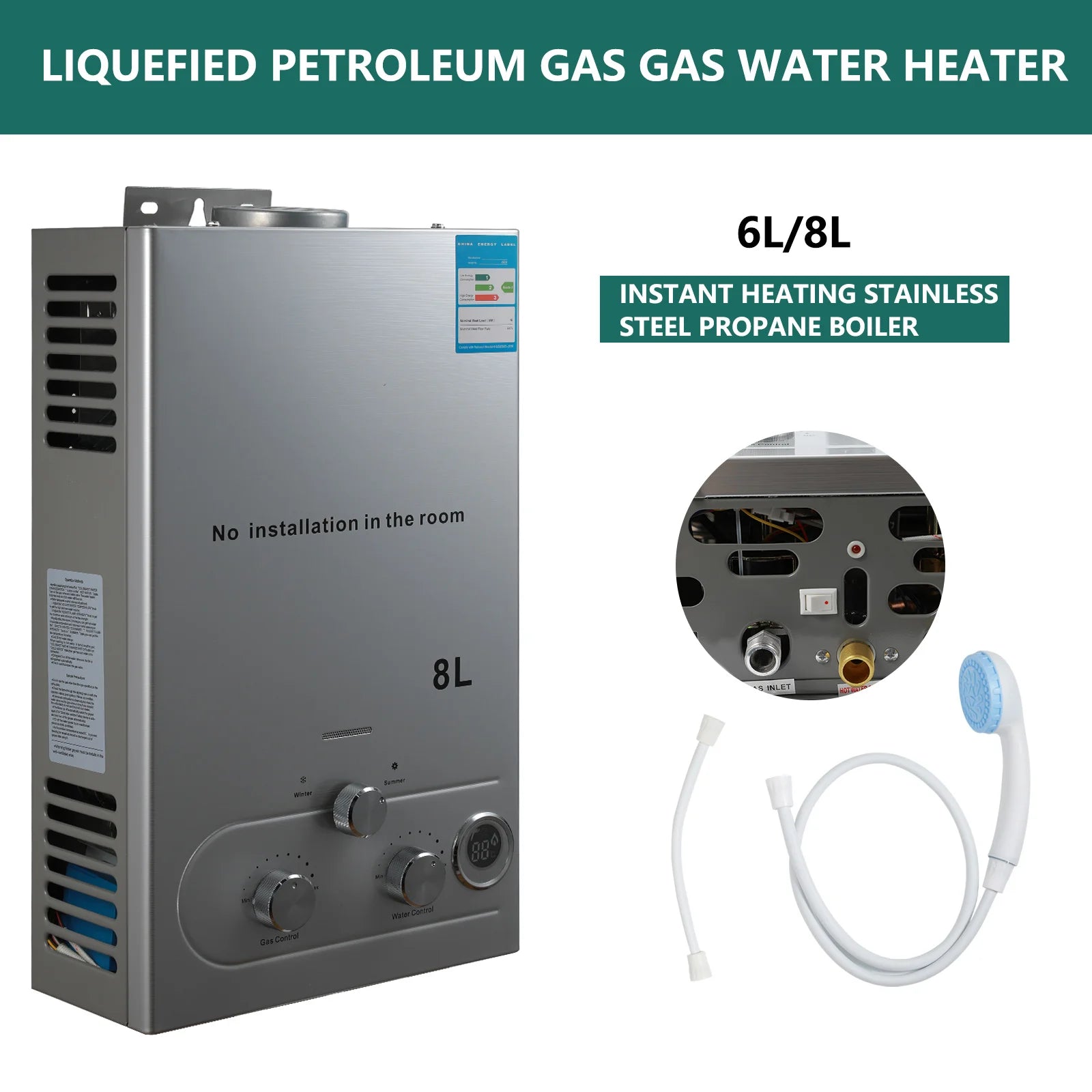 6L LPG Gas Water Heater tainless Steel Tankless Propane Gas LPG LPG body With show Kit Home Camping Appliance