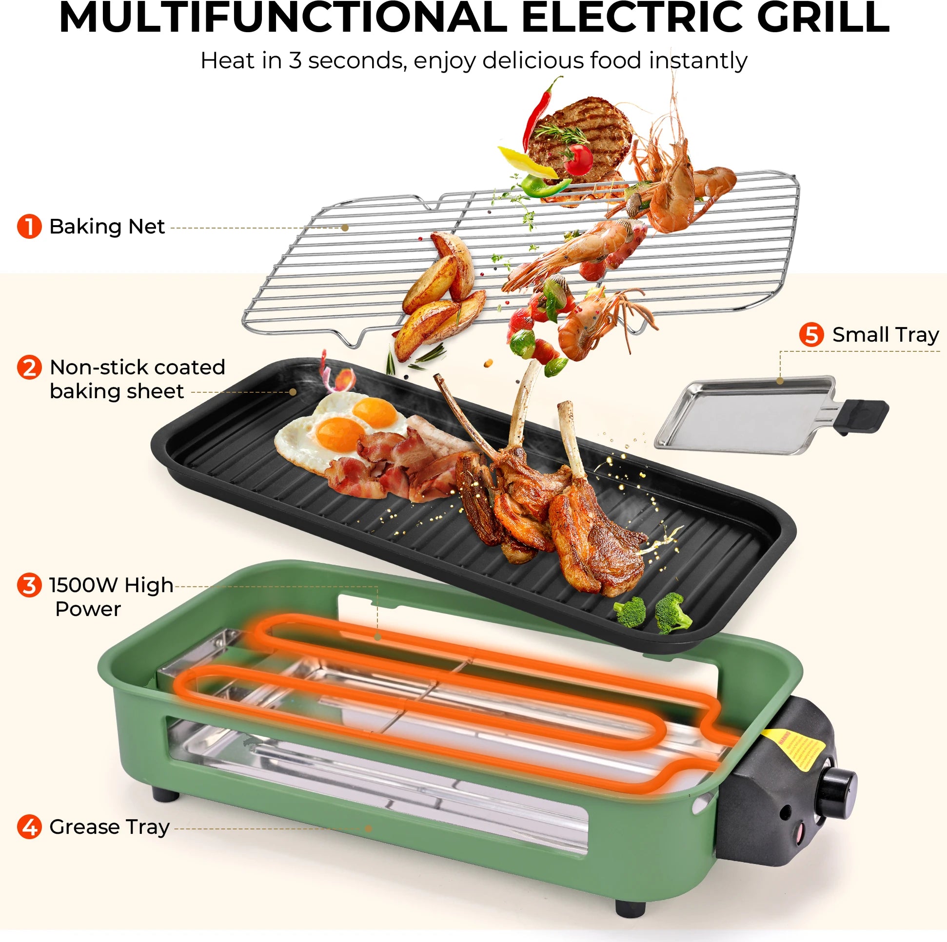 Electric Grill, Smokeless Electric Grill, Non-stick Coating, Removable Griddle/Grill Rack/Tray, Suitable for family and Hall of Residence Parties and Barbecues
