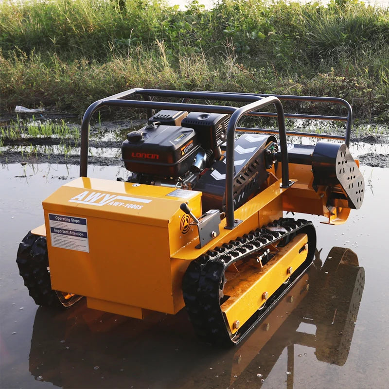 Remote-controlled lawn mower—an intelligent mowing robot; a four-stroke, gasoline-powered, zero-turn, tracked mower capable of traversing 45-degree slopes.