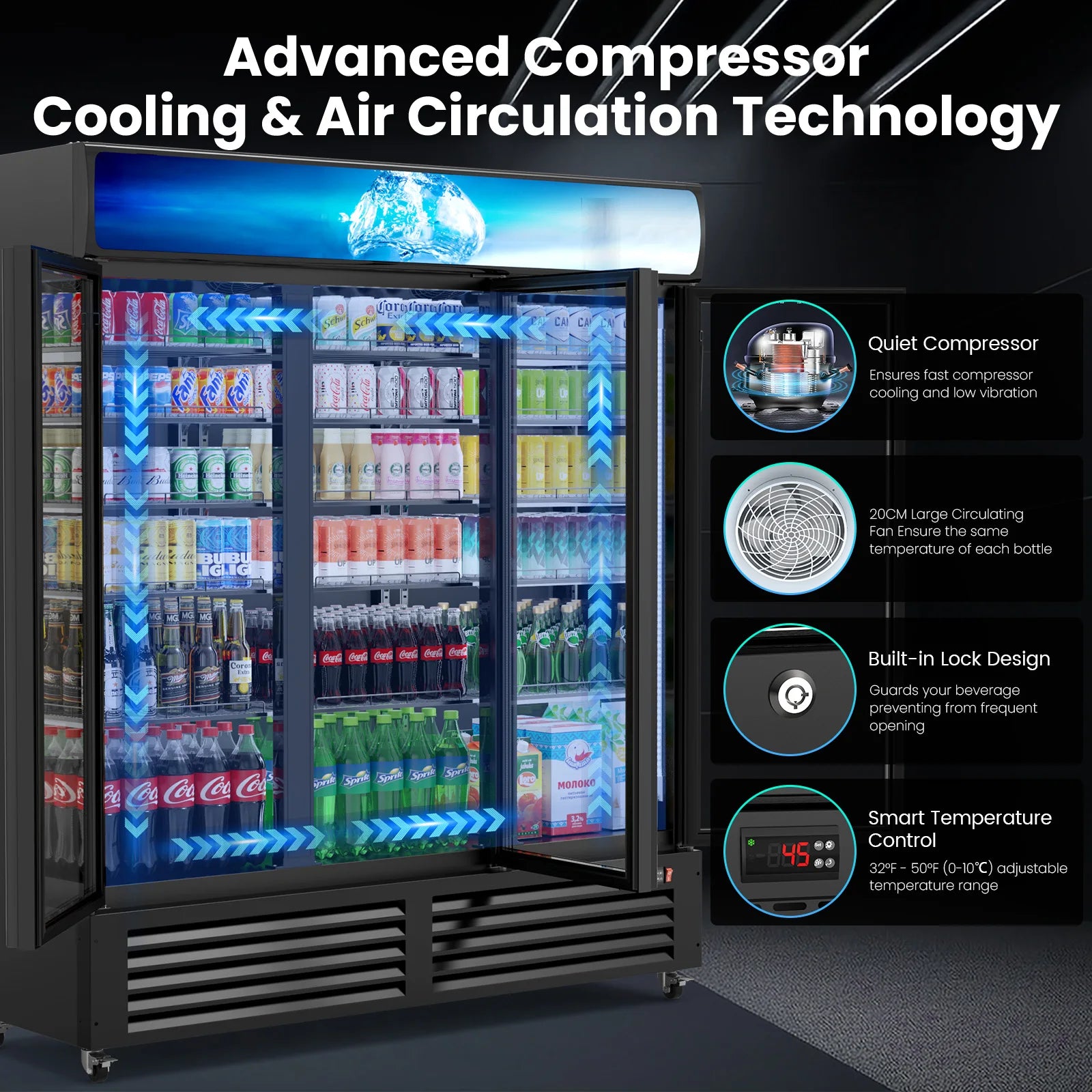 56 Cu Ft Commercial Display Fridge for Beverage 3 Glass Door Upright Refrigerator Merchandiser with Front LED Light for Shop Bar
