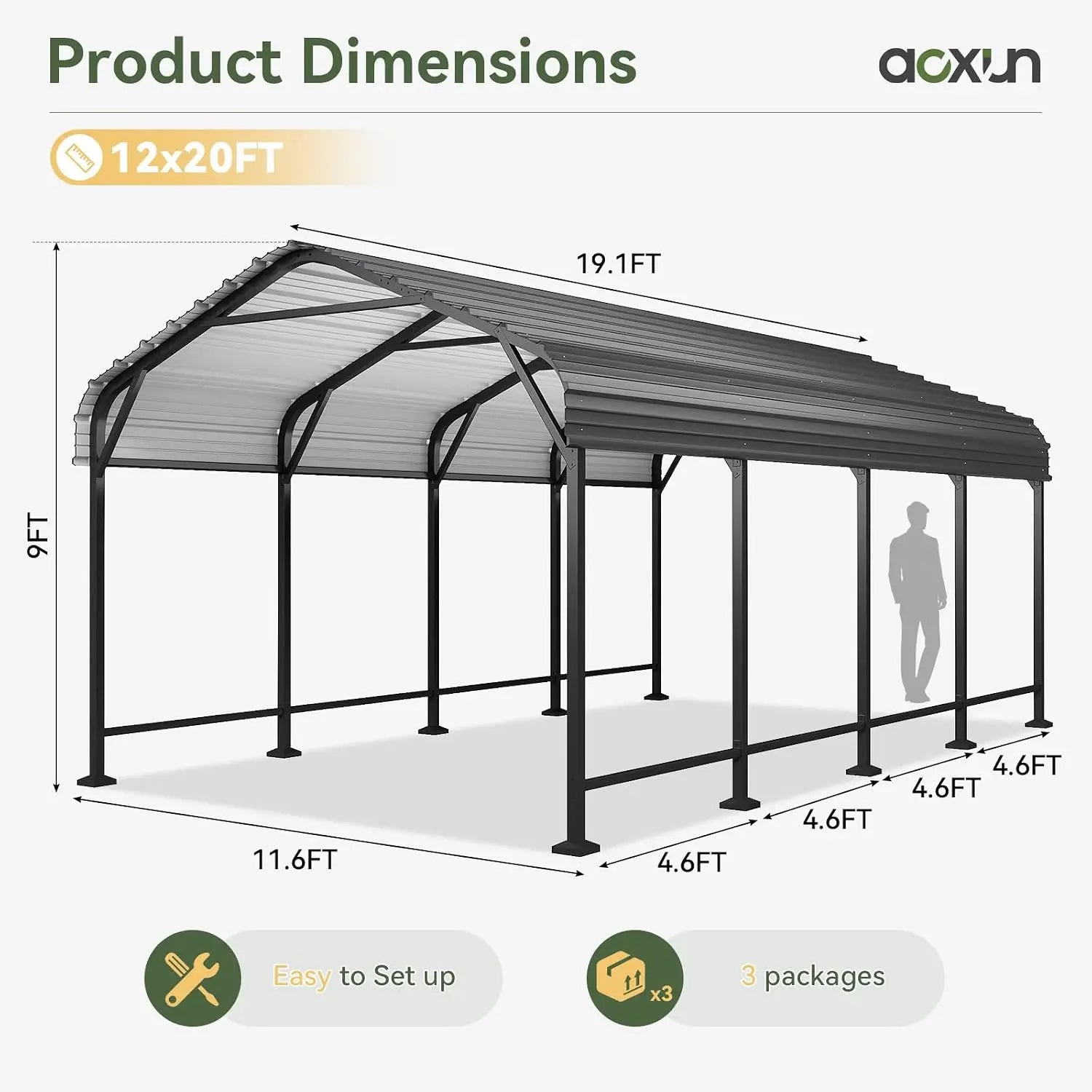 Aoxun 12x20 Metal Carport Heavy Duty Car Garage With Galvanized Roof Reinforced Frame Car Tent Garage Shelter For Car Pickup Truck Boat