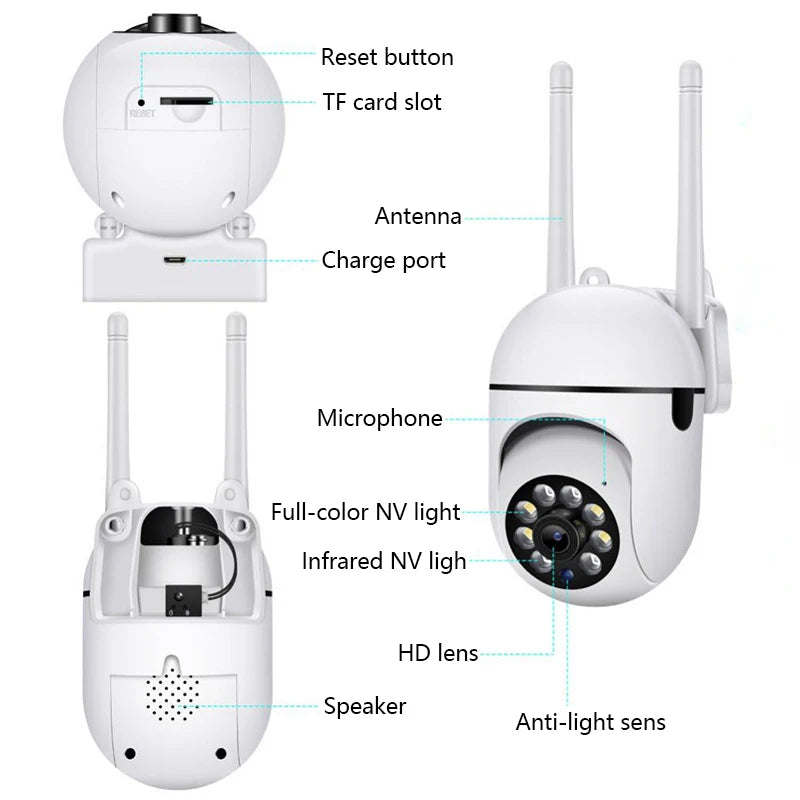 Secure your space with WiFi wireless security camera—featuring 4X zoom, auto-tracking, two-way audio, HD video, and color night vision for complete peace of mind!