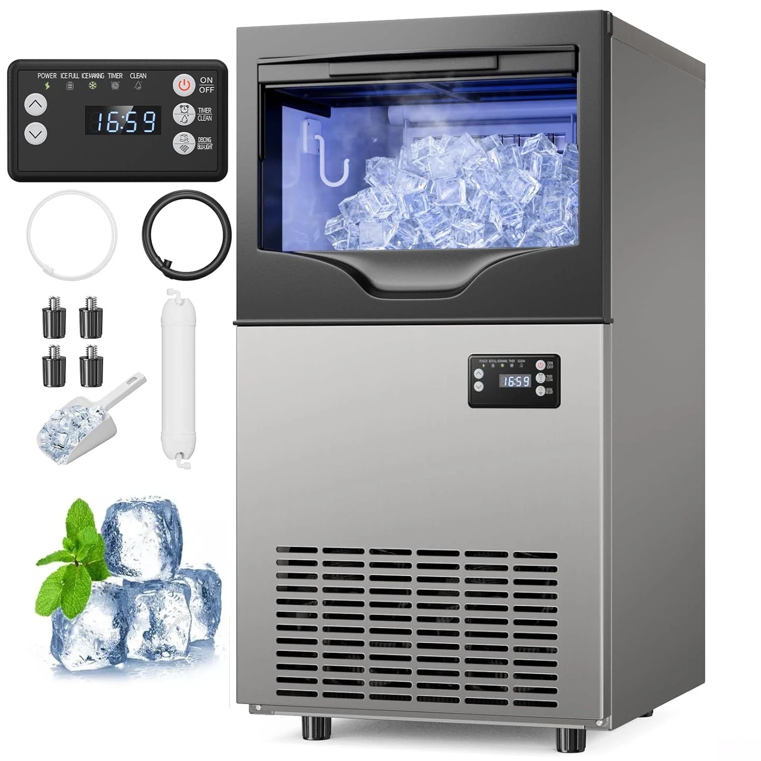 Commercial Ice Maker Machine, Stainless Steel Under Counter ice Machine with 35lbs Ice Storage Capacity, Bar Ice Maker Machine