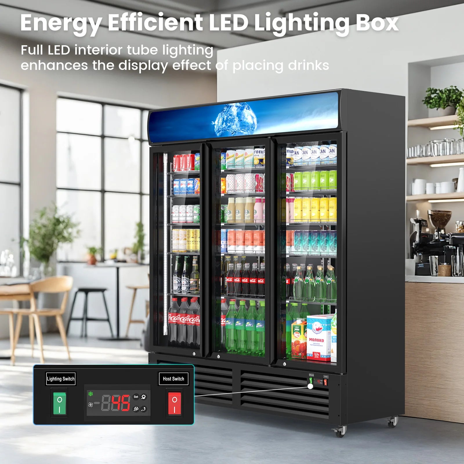 56 Cu Ft Commercial Display Fridge for Beverage 3 Glass Door Upright Refrigerator Merchandiser with Front LED Light for Shop Bar