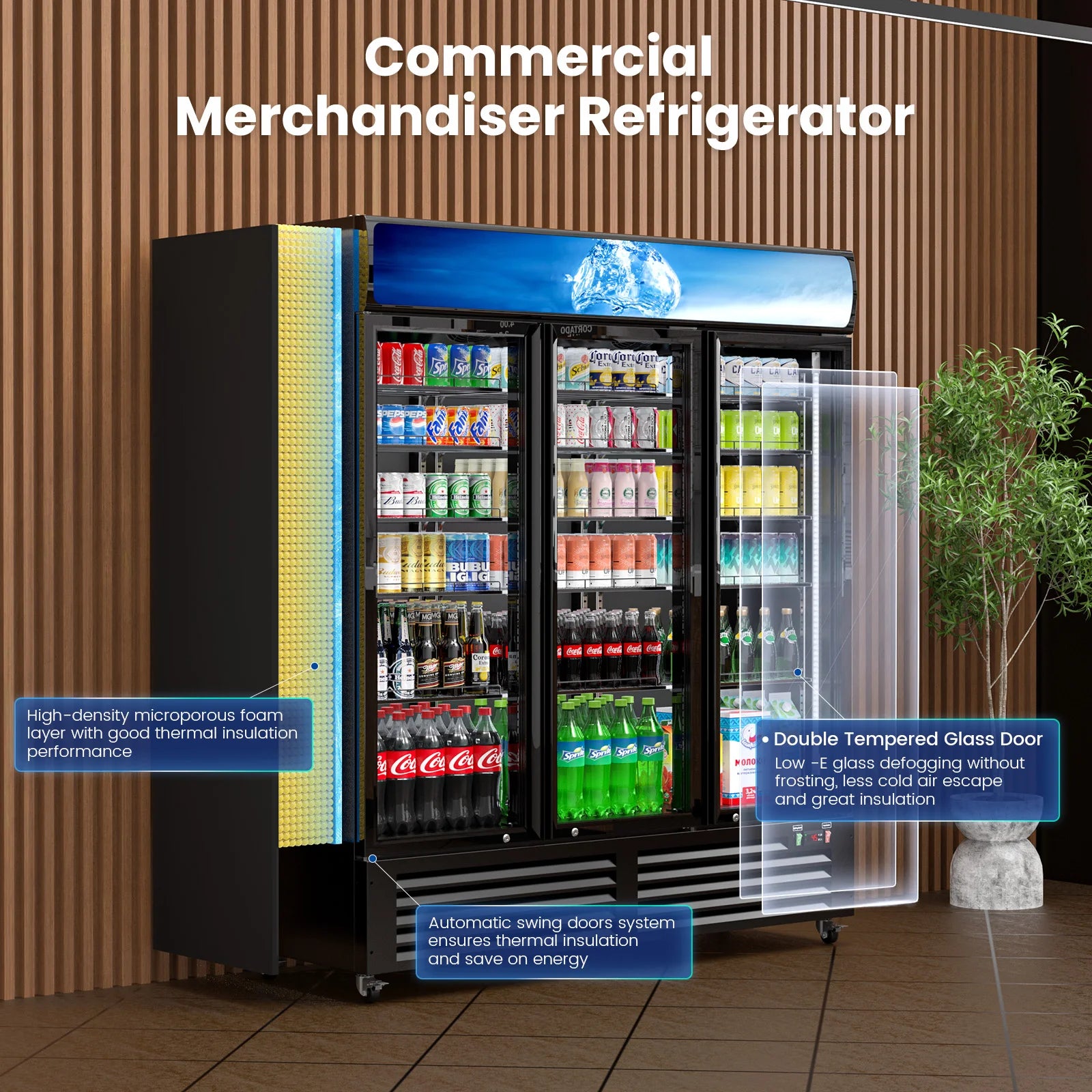 56 Cu Ft Commercial Display Fridge for Beverage 3 Glass Door Upright Refrigerator Merchandiser with Front LED Light for Shop Bar